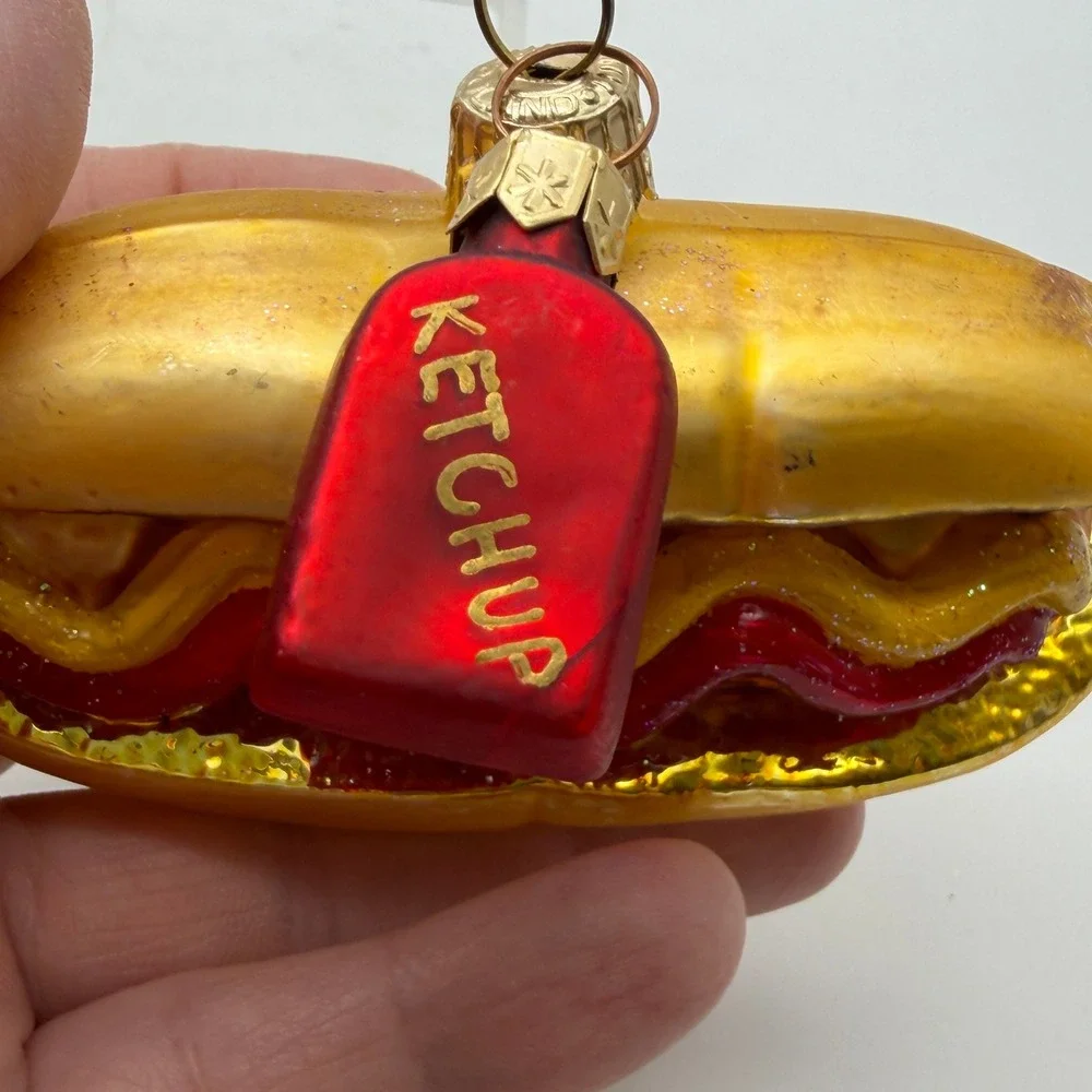 Vintage Hot Dog Glass Christmas Ornament with Ketchup Bottle Charm Red Gold